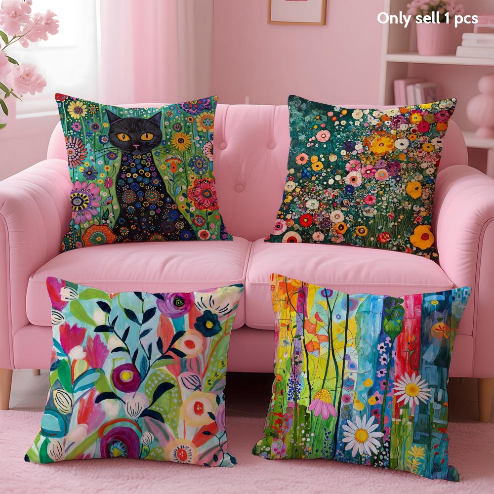 Cat Flower Cushion Cover Soft Short Plush Double-Sided Printing Home Decor Machine Washable Pillow Case Gift