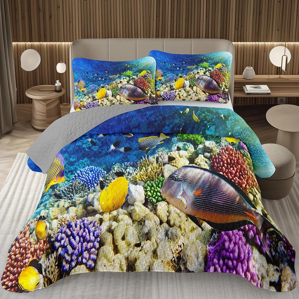 Comforter 3D Ocean Fish Bedding Set Tropical Fish For Kids Boys Girls Room Decor Nature Underwater World Nautical Set
