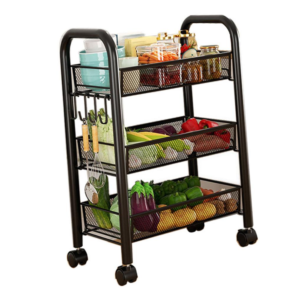 Rolling Storage Cart Layered Storage Shelves Multi Functional Movable Snack Vegetable Baskets Kitchen Shelves Black