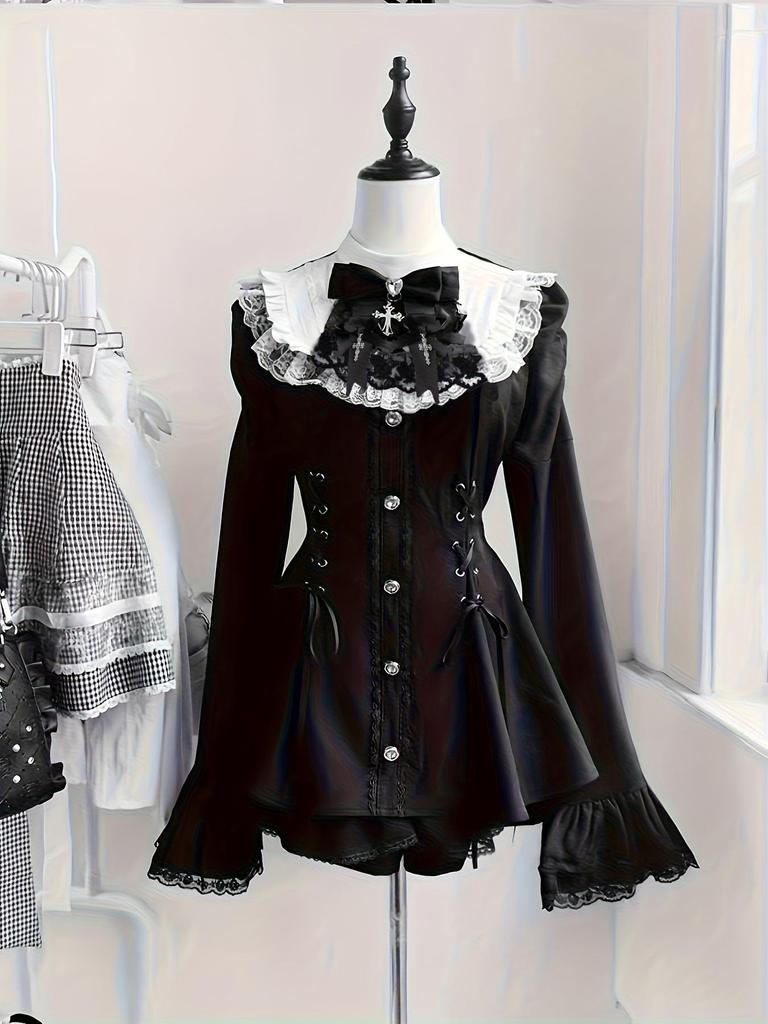 European Size Lolita Flare Sleeve Waist-Cinching Dress Set for Women