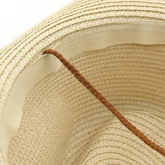 1X Men Western Straw Cowboy Cowgirl Hat with Belt Drawstring Wide Brim Sun Hat