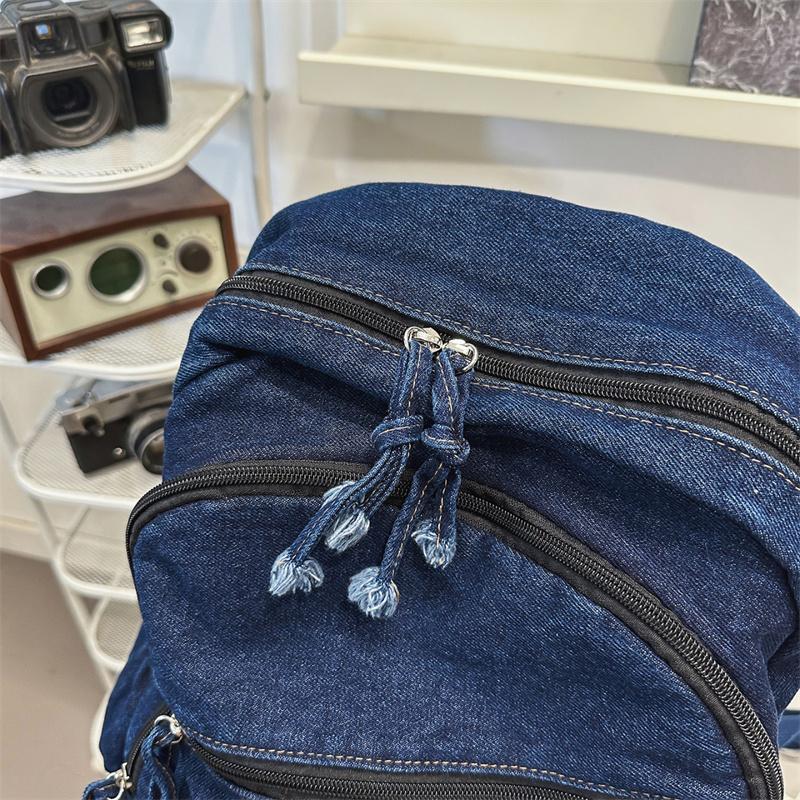 Denim Backpack Student Schoolbag Solid Color Backpack