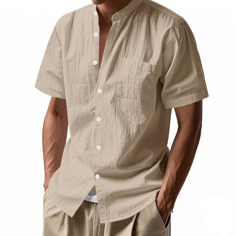 Herr sommar lös passform linne t-shirt enfärgad Henley-hals strand kortärmad skjorta