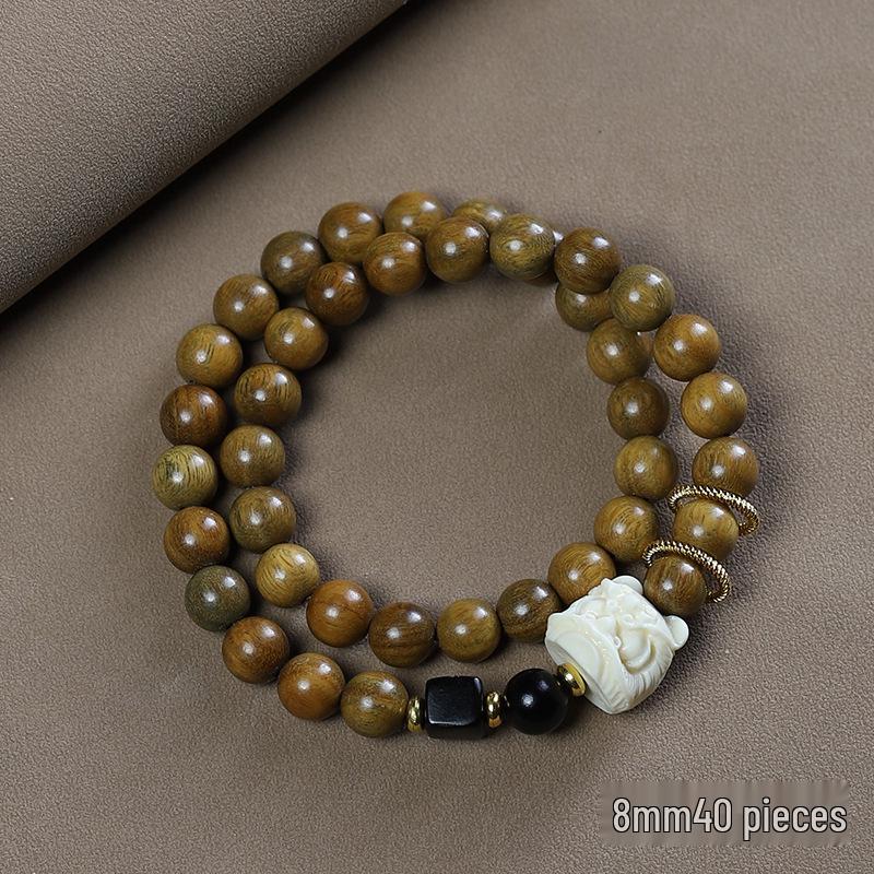 Green Sandalwood Gold Thread Double Wrap Bracelet with Lion Dance Ring - Wooden Buddhist Beads, Chinese Style Couple Accessory