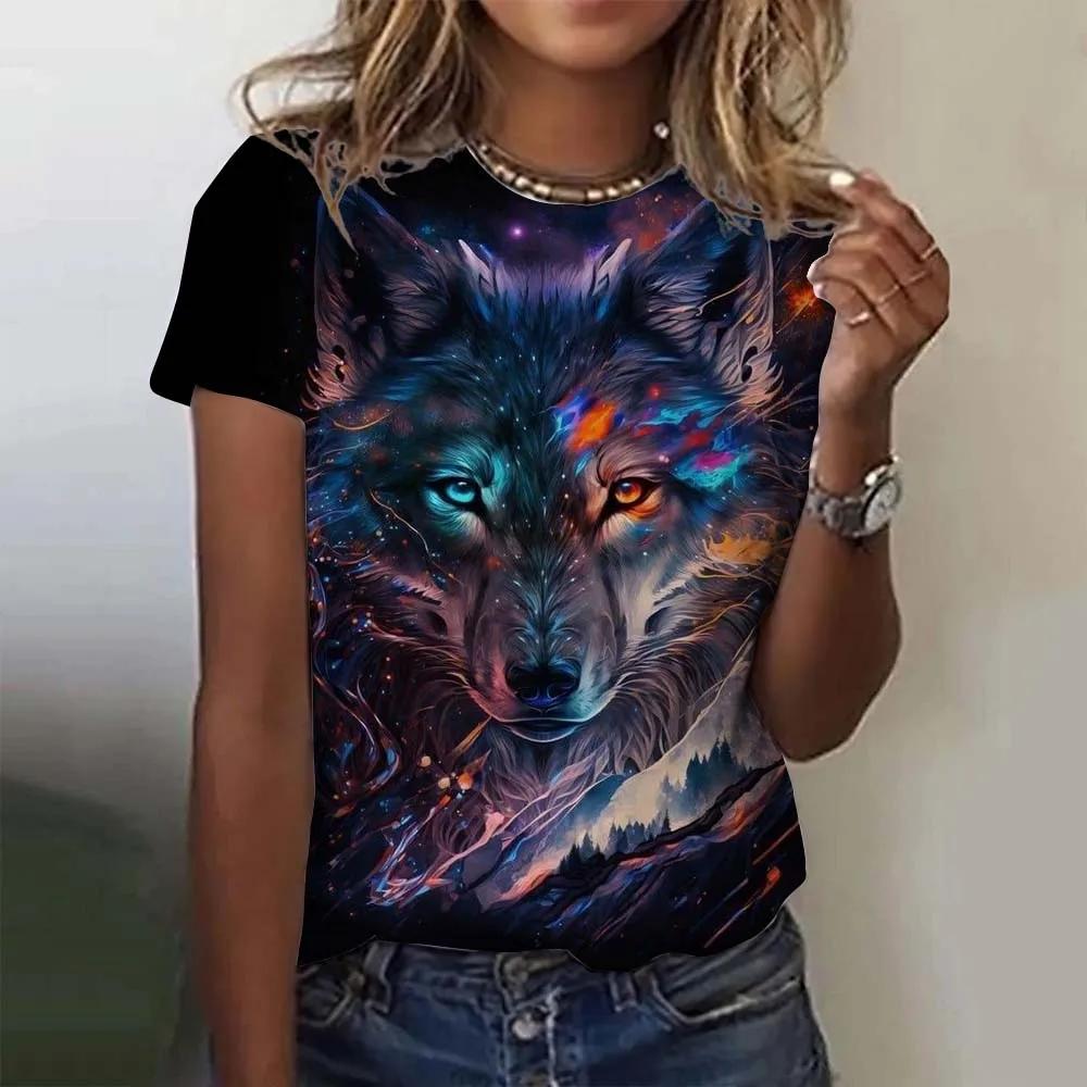3D printed animal T-shirt women's fun wolf pattern T-shirt summer new Harajuku T-shirt top loose short sleeved clothes