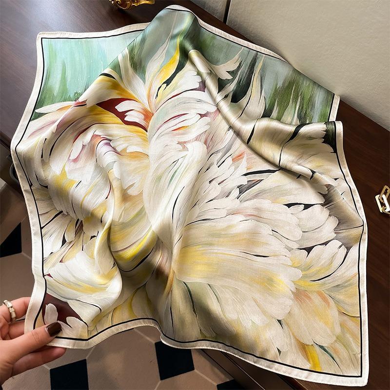 New Silk Silk Scarf Women's Spring Fashion Elegant Peony Plain Crepe Satin Silk Scarf 100% Mulberry Silk Square Scarf 53 Silk Scarf