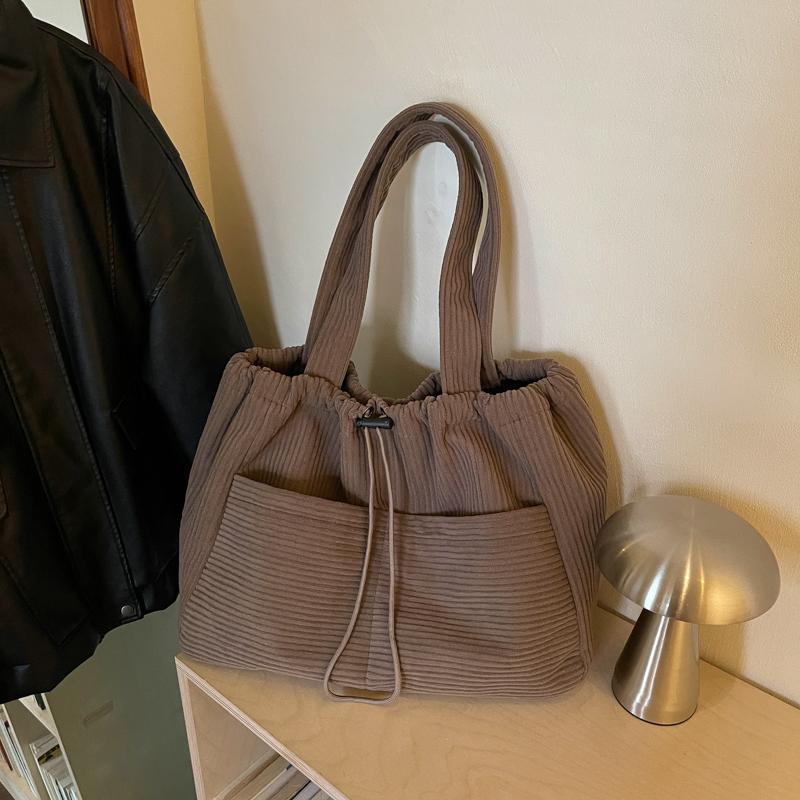 Solid Color Lightweight Corduroy Drawstring Tote Bag Large Capacity Shoulder Tote Bag