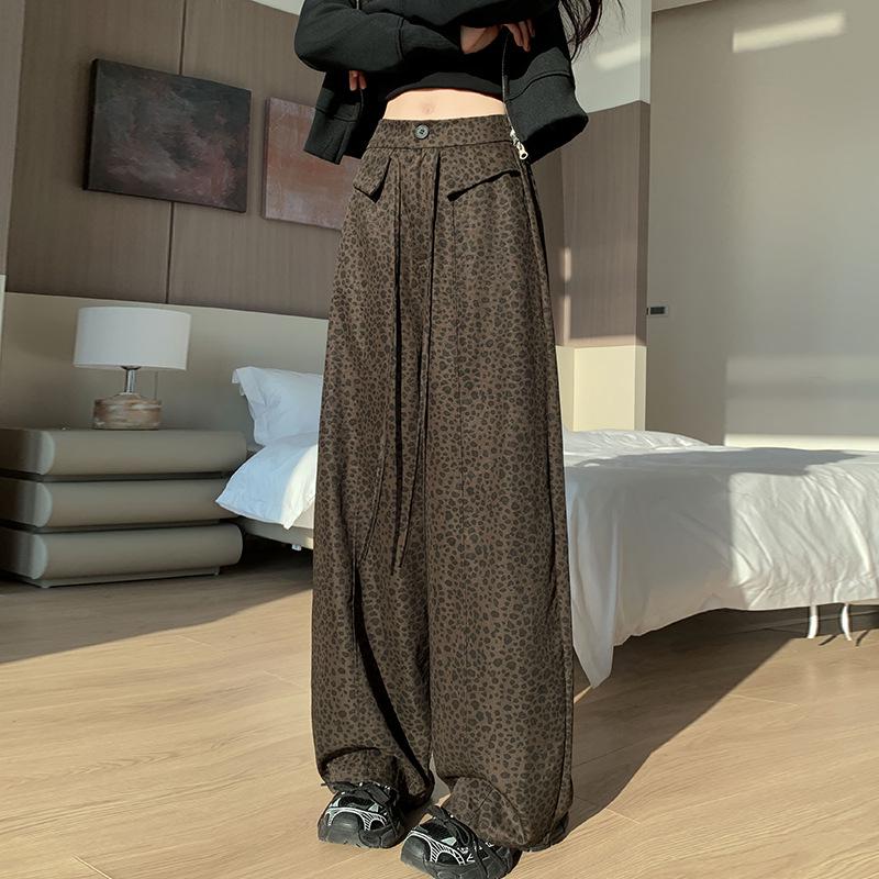 Women s Vintage High-Waisted Loose Leopard Print Wide-Leg Pants L