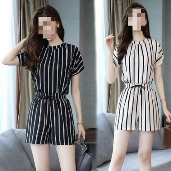 Summer 2026 Women's Striped Casual Two-Piece: Loose Short Sleeve Top & Shorts