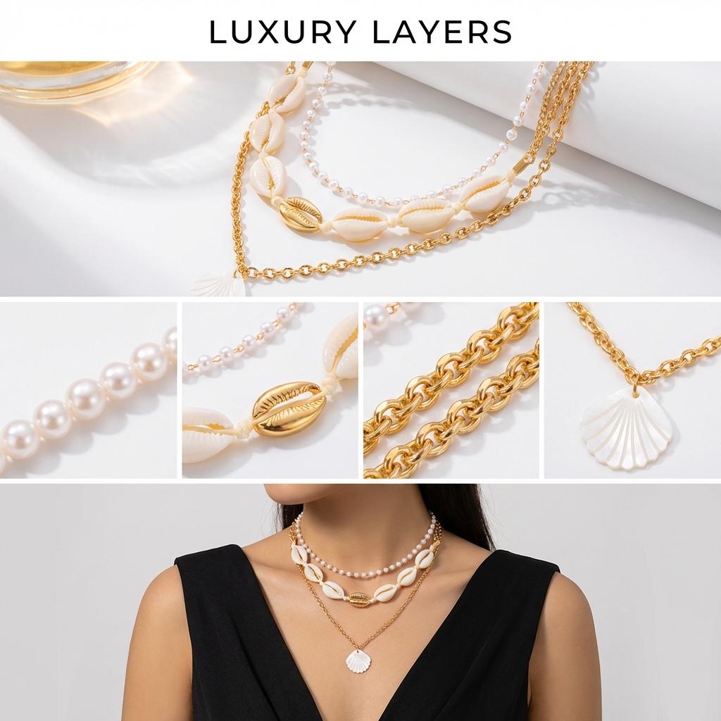 Bohemian Multi-layer Starfish Shell Pendant Necklace for Women Beach Imitation Pearl Metal Beads Choker Neck Chain Party Jewelry