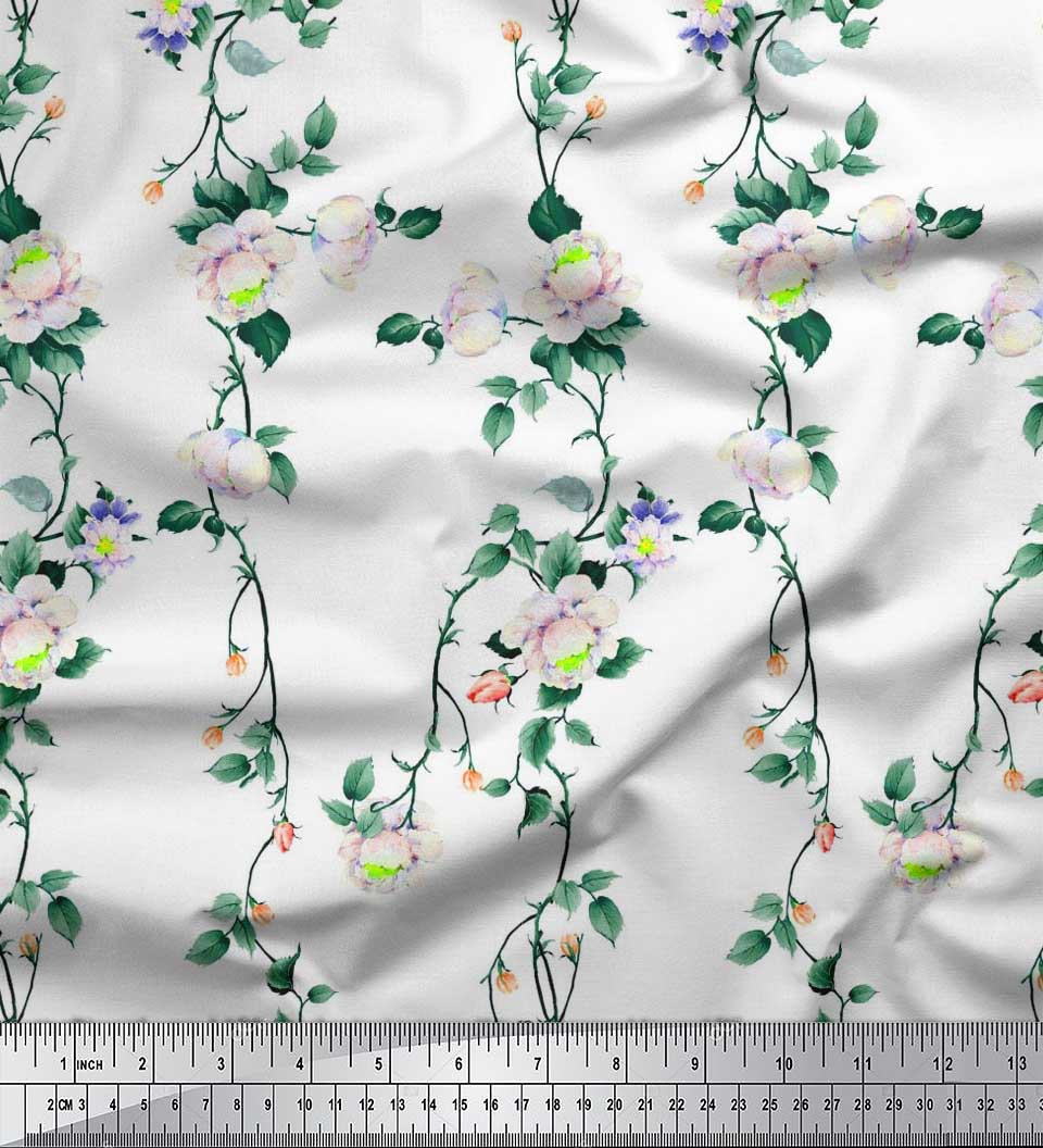

Тканина Soimoi Japan Crepe Satin Leaves & Peony Floral Print Швейна тканина метр 42 дюйма 42 Inch Wide - Poly Crepe білий
