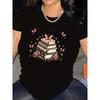 Short Sleeve T-Shirt for Women, Cotton Fabric, Stack of Books and Butterflies Design, Lightweight and Durable, Perfect for Casual Wear at Home