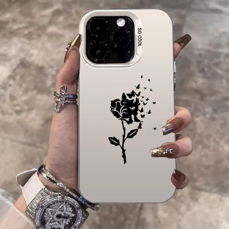 Black Rose with Butterflies Art Phone Case for iPhone 17 16 15 14 13 12 11 Series Pro Max Plus Double Layer Protection