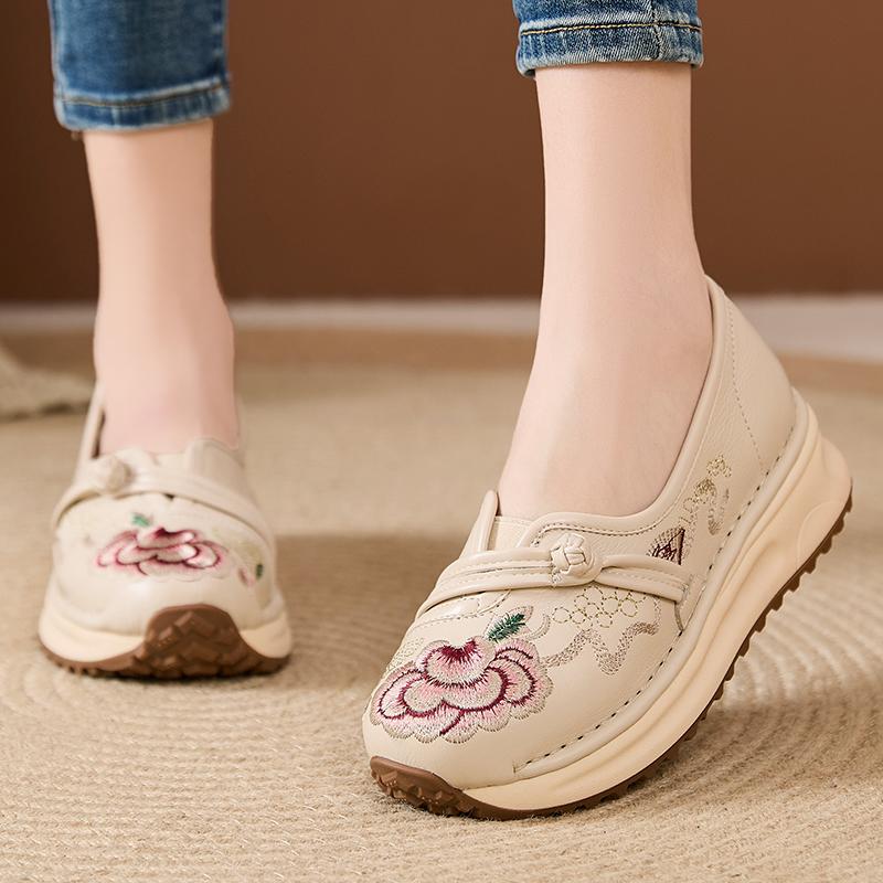 Fashion GKTINOO Platform Sneakers Women Genuine Leather Shoe Embroidered Round Toe Lace-Up Thick Sole Flats Ladies Shoes Handmade