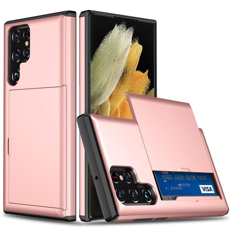 New Push Pull Wallet Card Slot Solid Color Phone Case For Samsung S25 Ultra S23 S20 S21 S22 S24 Ultra Plus FE Note 20 Ultra A55