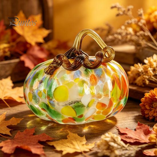 Cute Autumn Centerpiece Mini Hand Blown Glass Pumpkin Ornament, Collectible Thanksgiving Halloween Decoration Faux Crystal Hanging for Fall,