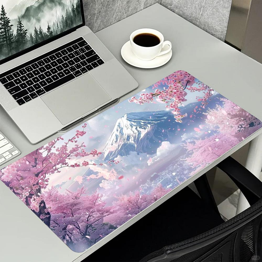 Dreamy Pink Sakura Mount Scenery Art Large Extended Mouse Pad NonSlip Rubber Base With Stitched Edges For Gaming And Office Use