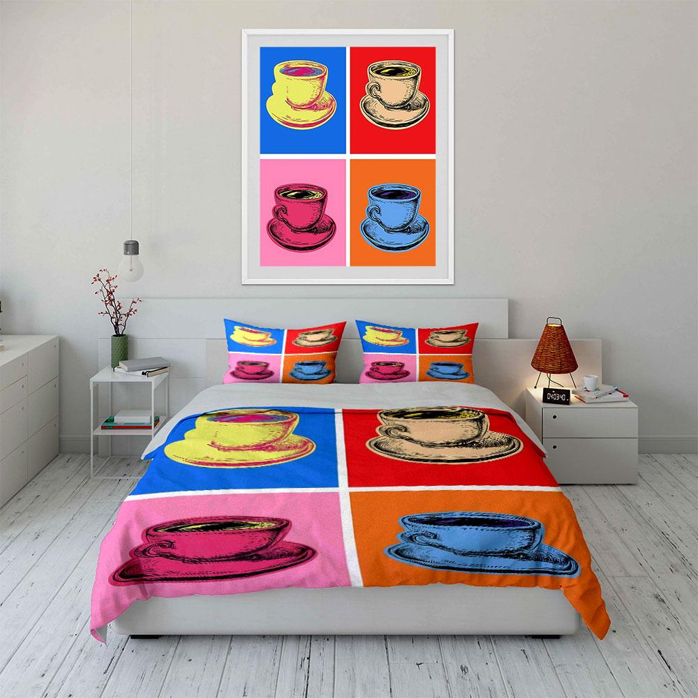 Pop Art Colorful Coffee Cups Bedding Duvet Cover Set Duvet Cover Pillowcases  (1*Duvet Cover 2*Pillowcases, without duvet insert)