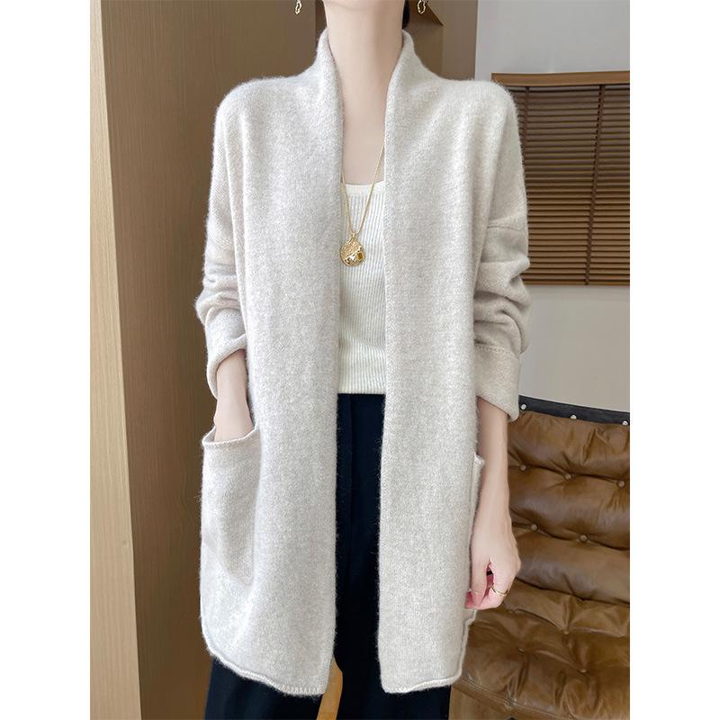 Women's Wool Knit Cardigan - Autumn/Winter 2024, Loose Mid-Length Long Sleeve Sweater/Jacket