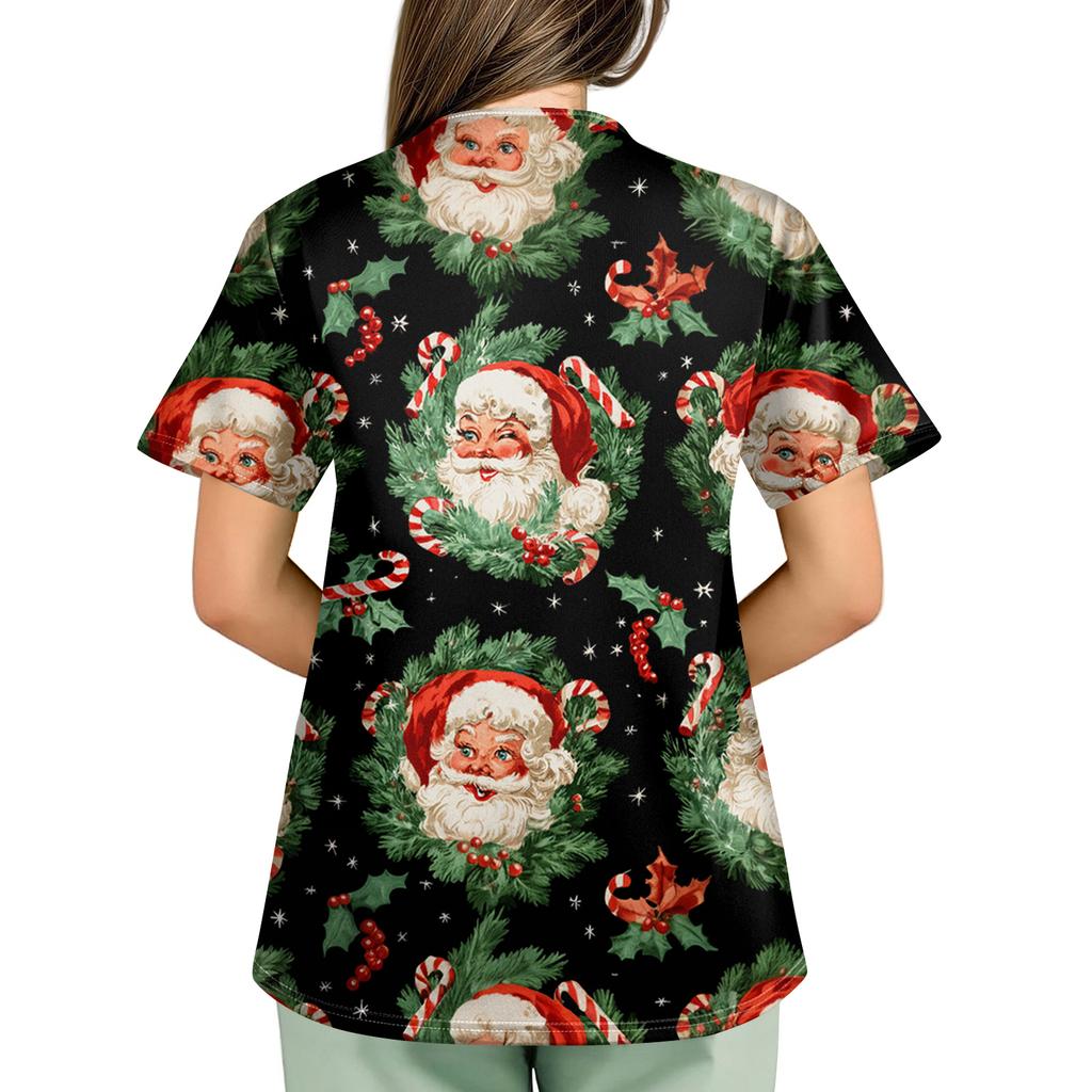 Plus SizePrinted Scrub Working Uniform Tops For Women's Cross V-Neck Print Short Sleeve Fun T-Shirts Workwear Tee With Pockets