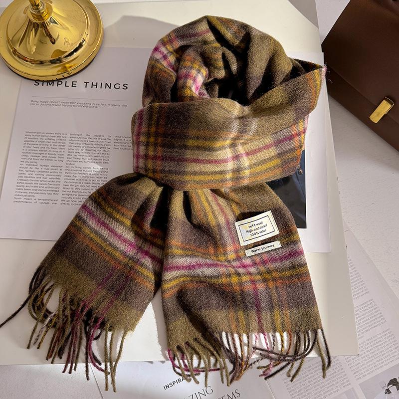 100% Pure Wool Winter Scarf for Women Long Warm Cashmere Scarves Hijab Lady Plaid Shawl Wrap Female Pashmina Bandana Headscarves