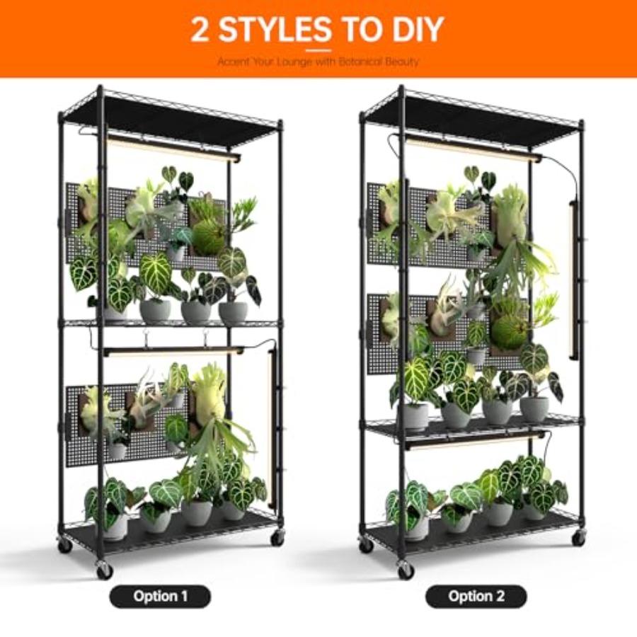 3 Tier Plant Cabinet with Pegboard and 4 Pack 96W Grow Lights for Indoor Foliage Plants Seed Starting Metal Plant Stand 29.5x13