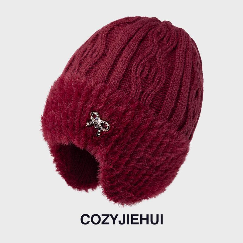 New Winter Knitted Hat Women's Fleece Thickened Autumn and Winter Wool Hat Mother Warm Ear Protection Hat Riding Windproof