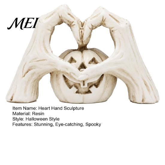 Halloween Gift for Collectors Gothic Skeleton Heart Hand Sculpture, Spooky Resin Abstract Pumpkin Statue, Vintage Yellowed Paint Statue Shape