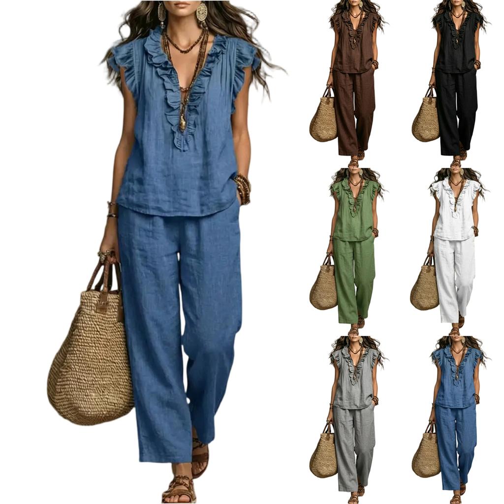 Women's Fashion V-neck Flying Sleeveless Tank Top Casual Pants Bohemian Cotton And Hemp Two Piece Set