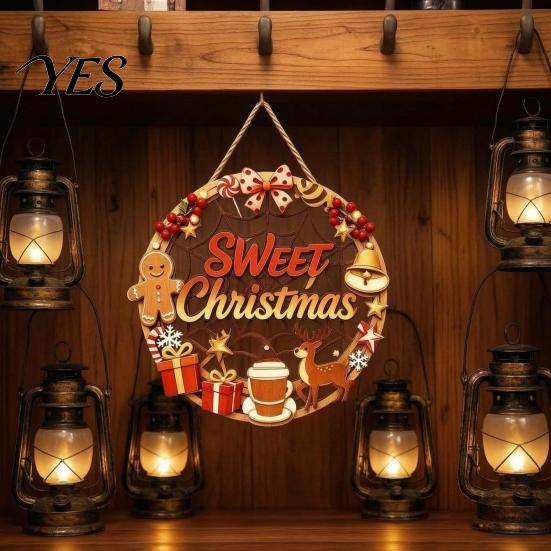 Poplar Wood Decor Christmas Door Sign, Double Sided Hanging Wooden Plaque for Front Door, Winter Holiday Party Supplies Rustic Wall Decoration Indoor