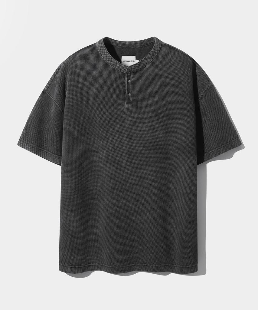Dimiteulibeullaeg Asi Essential Waffle Henley Neck Short Sleeve T-Shirt_Pigment Charcoal