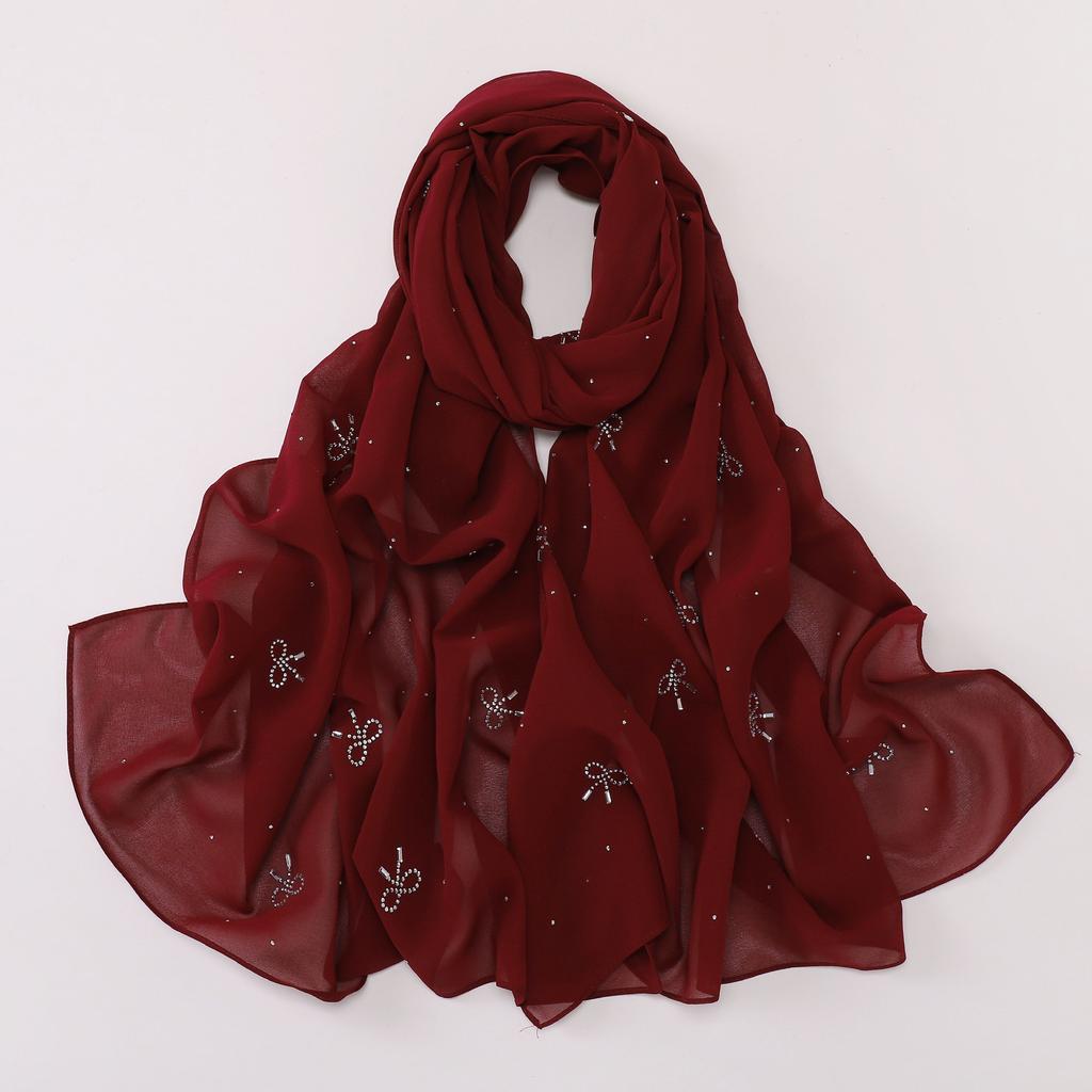 Pearl Chiffon Starry Bow Rhinestone Long Scarf Muslim Women Headscarf