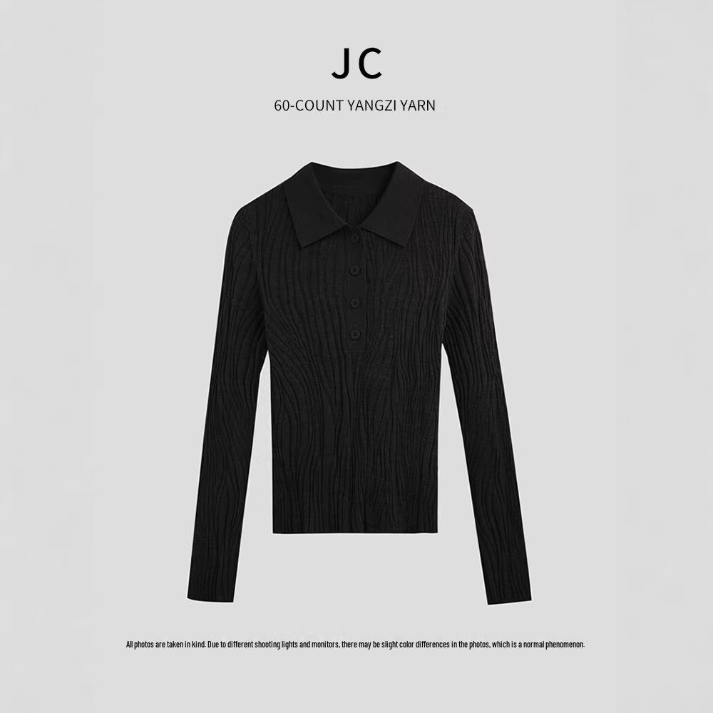 Yangtze Yarn 100% Wool Women's Wave Pattern Long Sleeve Polo Collar Sweater
