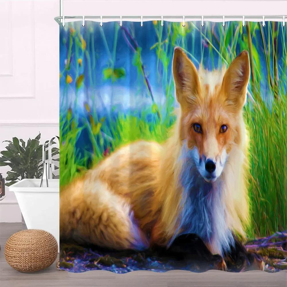 Painting Animal Lover Fox In The Forest Shower Curtain,Rustic Lodge Forest Hunting Bathroom Decor Wild Animals Bathroom Curtains