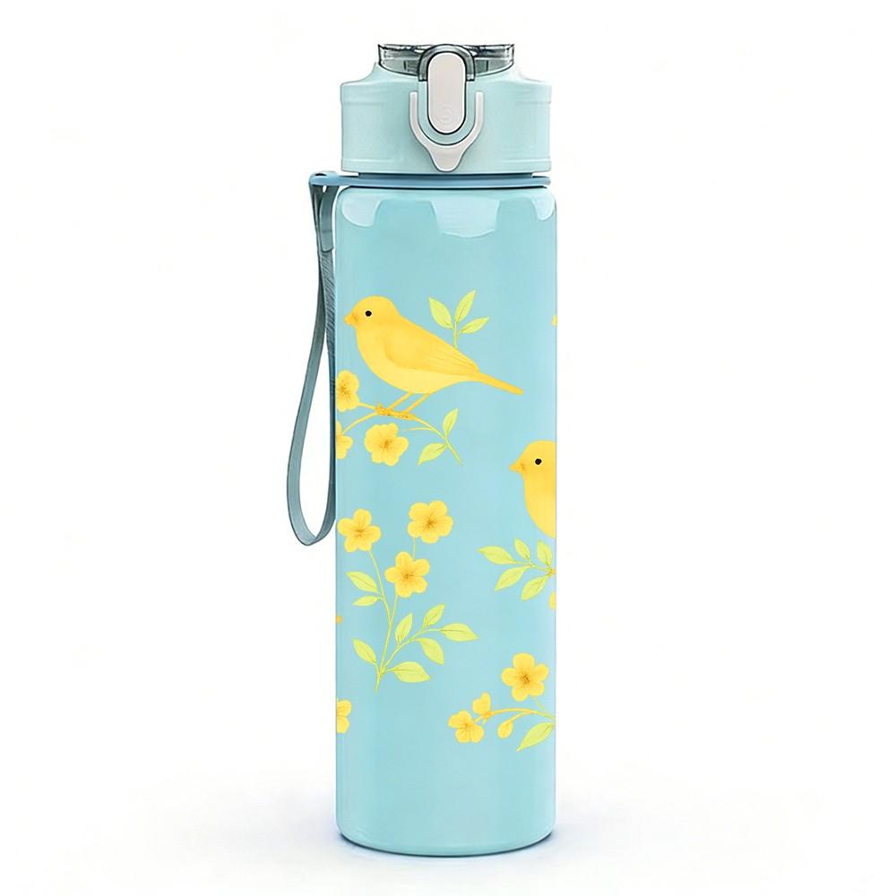 1PC Yellow Bird Floral Branch Print 750ml Color Plastic Sports Water Bottle Leakproof Flip Straw Lid Suitable for Sports Office Home Use