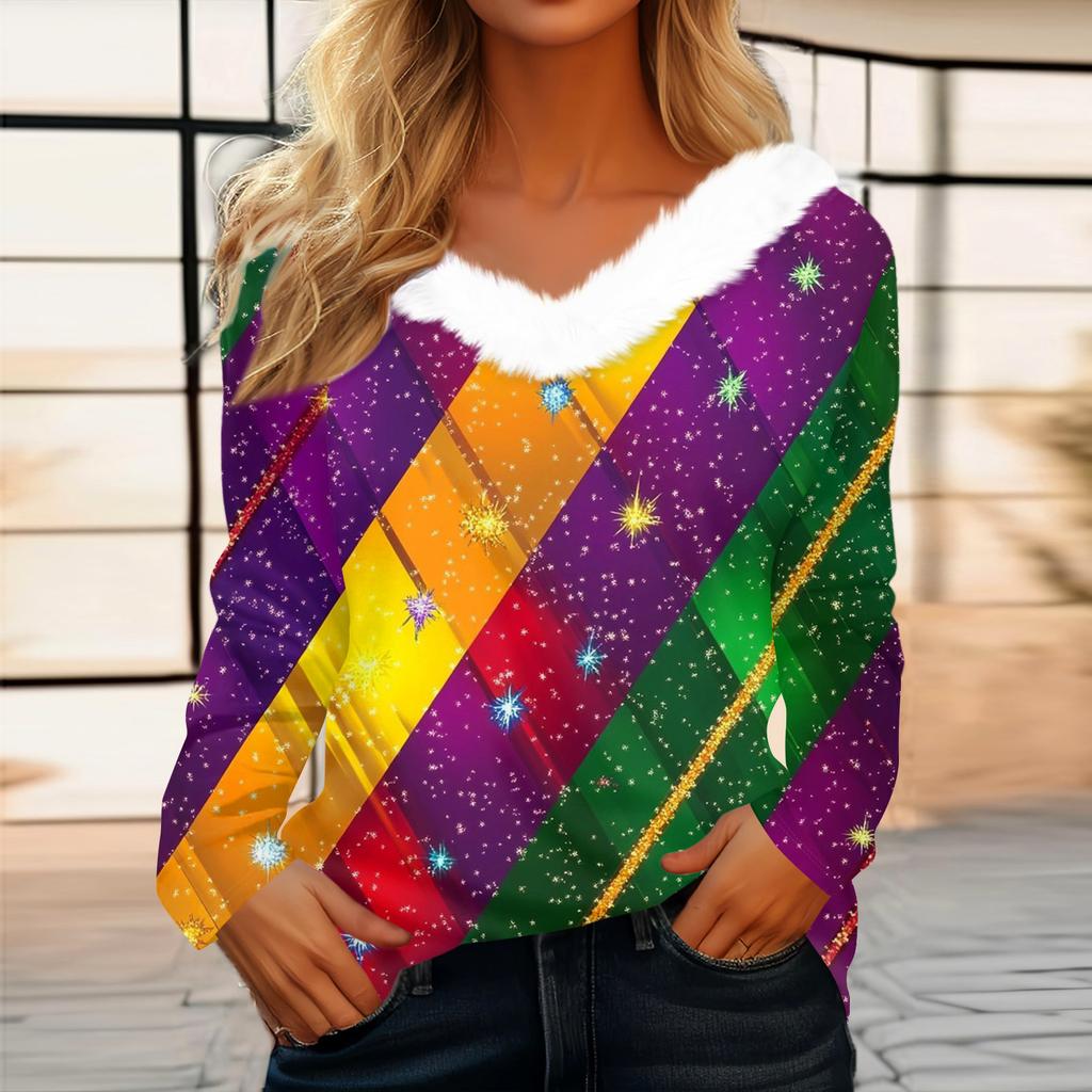 Dámský volný ležérní top s dlouhým rukávem a potiskem, plyšový límec ve tvaru V, top s dlouhým rukávem