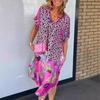 Leopard Print Patchwork Dresses Women V-neck Short Sleeves Pocket Loose Slit Midi Dress