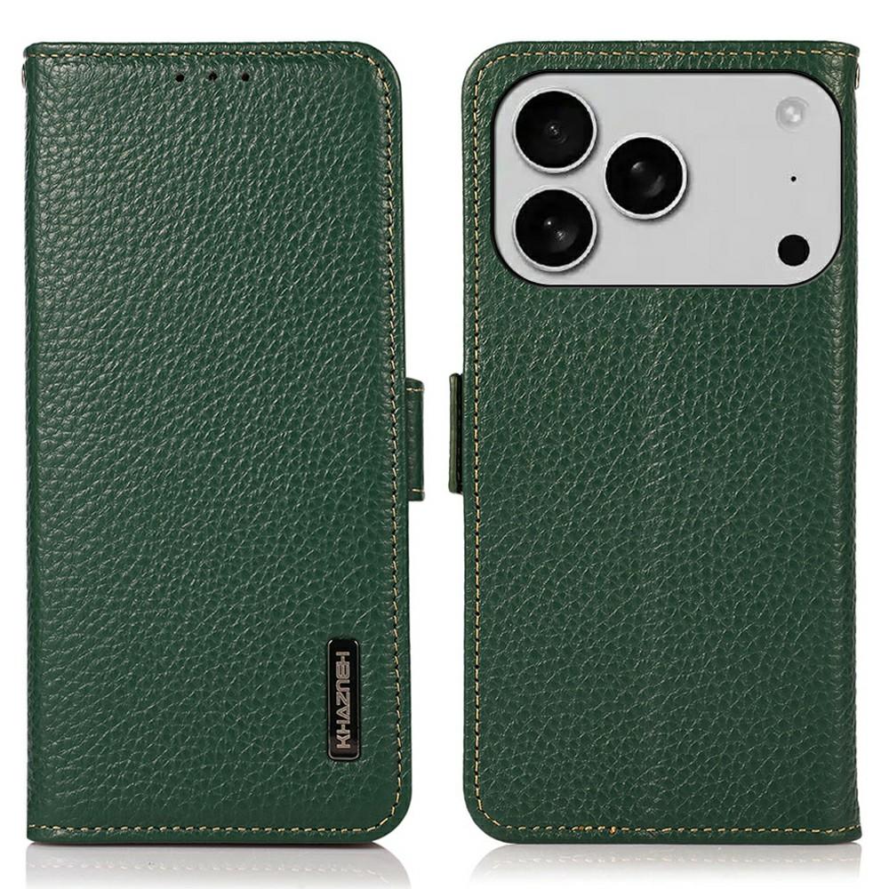 KHAZNEH for iPhone 17 Pro Max Phone Case RFID Blocking Wallet Litchi Texture Genuine Cow Leather Cover