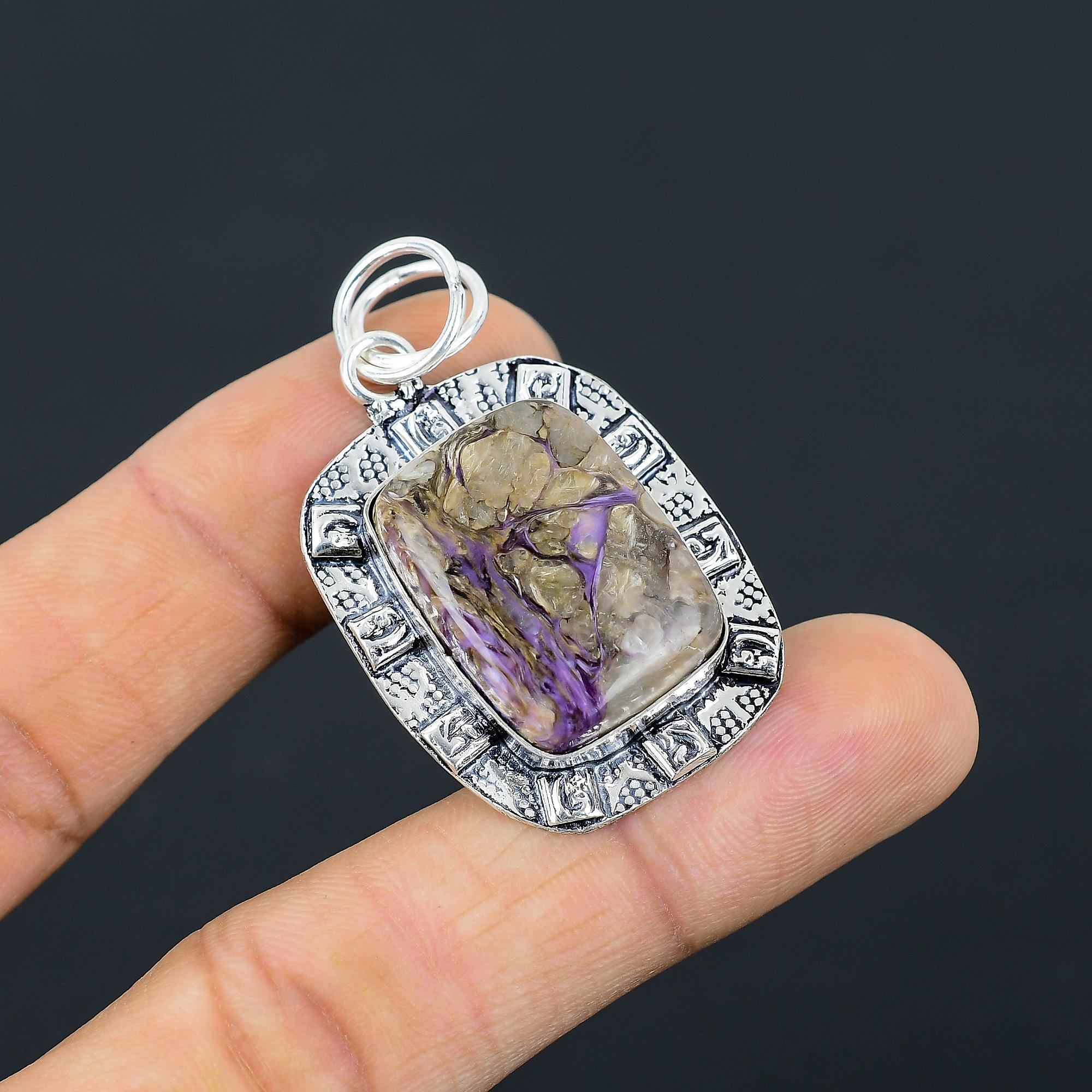 

Сделка ко Дню женщин 925 Серебро Лучистый Чароит Драгоценный камень Безель Подвеска ручной работы