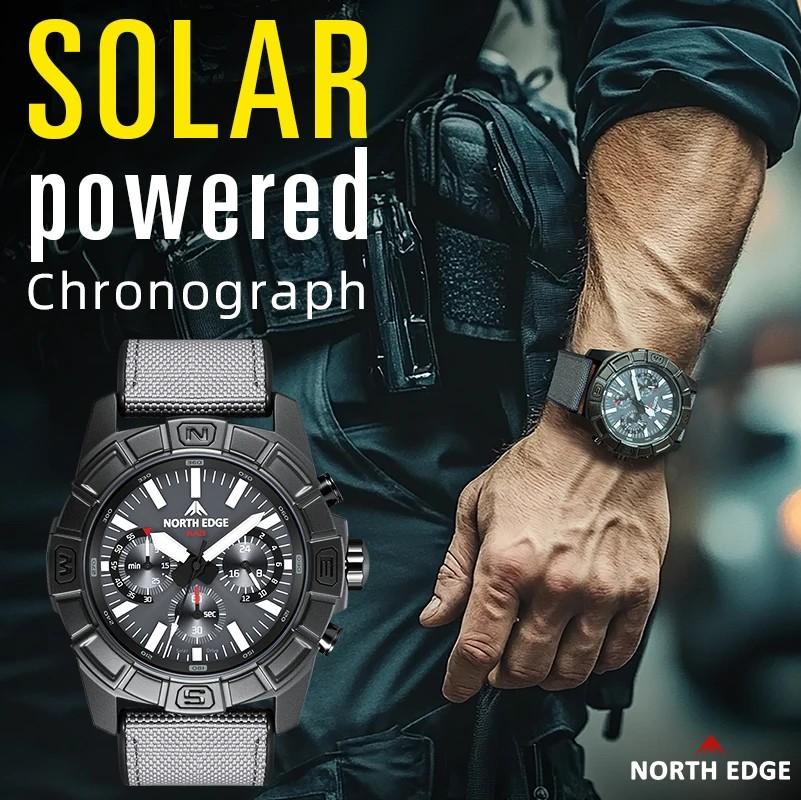 NORTH EDGE BLAZE Men's Watches Solar Power 316 stainless steel Case Quartz Watch For Men Pilot Sports Waterproof 50M Stopwatch