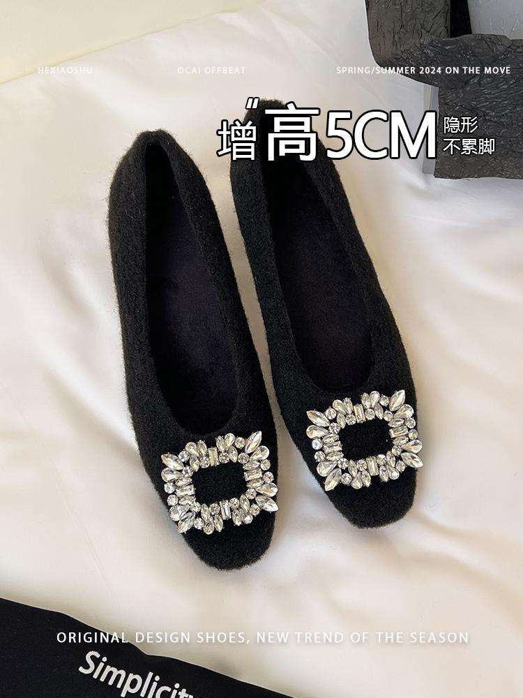 Flat bottom inner height increase 5cm shallow mouth single shoes 2025 autumn and winter new rhinestone temperament versatile Korean square head Mao 