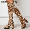 Fashion Eilyken Sexy Leopard Grain Over The Knee Boots Women Fashion Round Toe Cross Lace-up Square High Heels Platform Shoes Booties