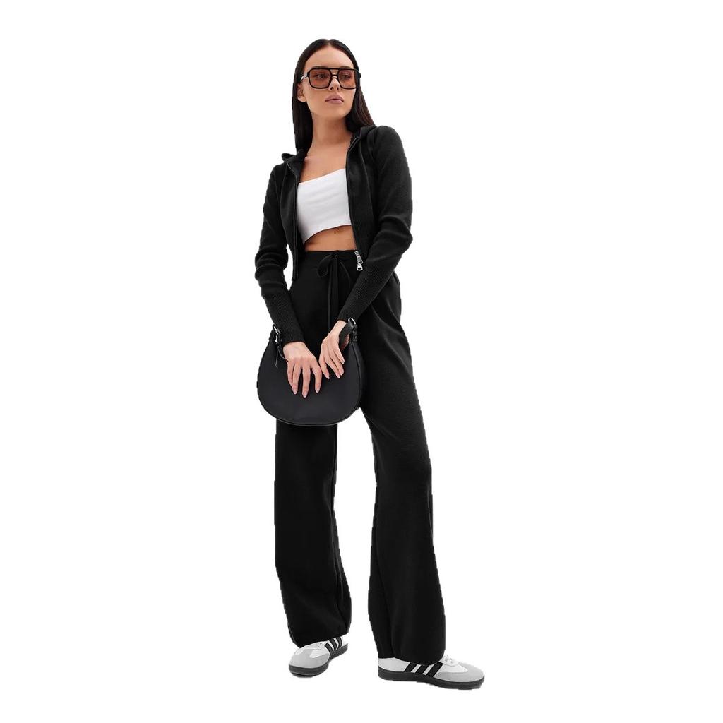 Europe, America autumn and winter new women's fashion suit hooded zipper knitted top thin strap trousers two-piece set women