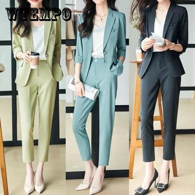 Traje Delgado Mujer Top Manga Tres Cuartos Pantalón Lápiz Moda Casual Ropa Profesional Chaqueta de Traje Femenina Verano y Otoño
