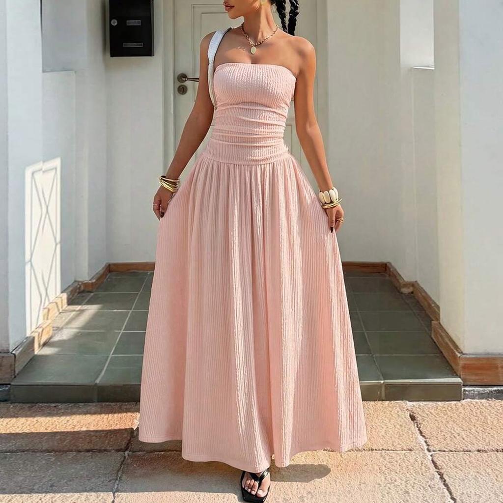 Sleeveless Strapless Tube Dress Women's Casual Fashion Slim Fit Elegant Long Maxi Dress with Pleated Skirt Design for Summer
