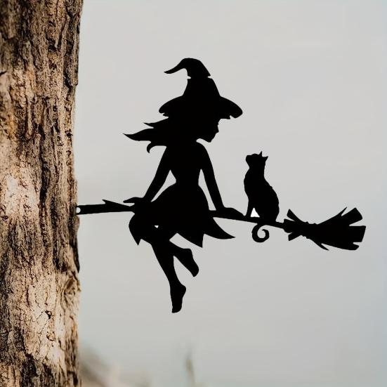 Metal Witch And Cat Silhouette Stake Halloween Insert On The Branch Yard Art Decor Black Tree Stump Sign for Outdoor Patio Lawn Courtyard Garden Decor
