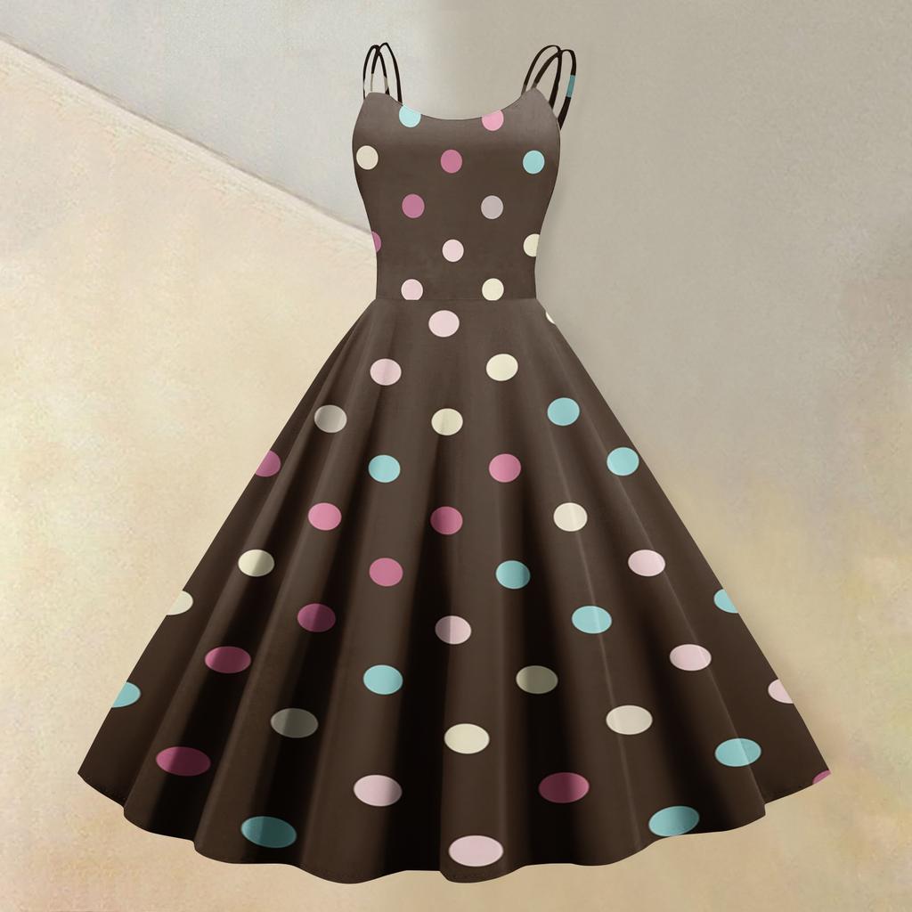 Mouwloze Stippenprint Jurk met Ronde Hals Vintage Stijl Fit and Flare Midi Jurk voor Dames Casual Kleding