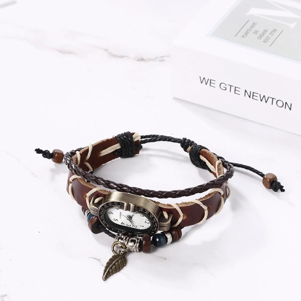 "Vintage Women's Analog Bracelet Watch Leather Strap Multi-Wrap Leaf Design Square Casual Accessory"