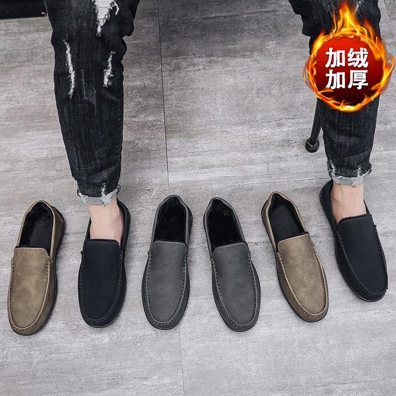 Winter new Doudou shoes soft sole soft surface casual men's shoes one pedal lazy velvet cotton leather shoes men