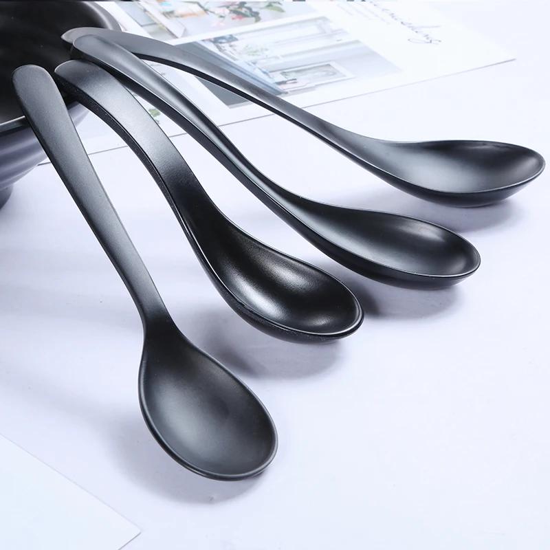 Diamine Long Handle Soup Spoon Black Imitation Porcelain Cutlery Short Handle Food Grade Plastic Spoon Korean Food Spoon